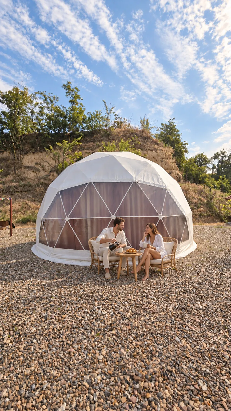 Гости отдыхают у панорамного геокупола Skala River Retreat на берегу Днестра