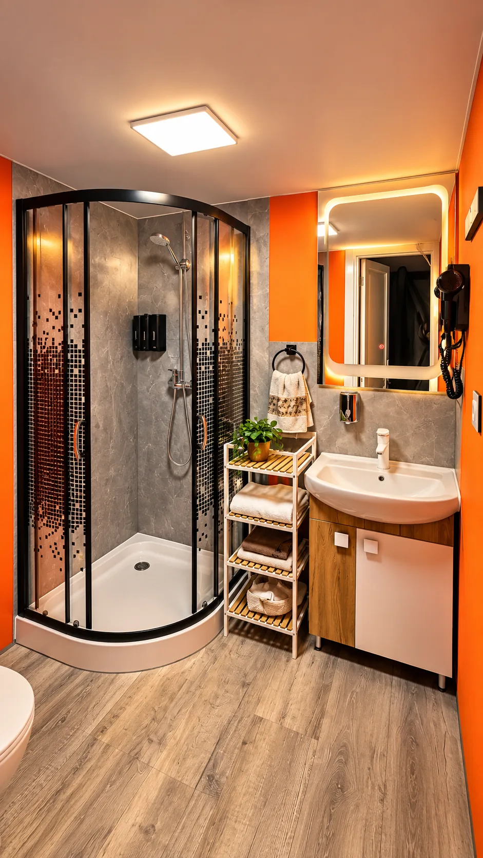 Санузел с душевой кабиной и умывальником внутри геокупола Skala River Retreat